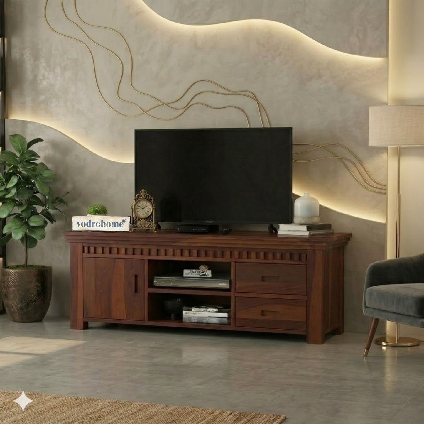 vodrohome jodhpur tv unit cabinet with slatted door compartment– solid sheesham wood tvc – tv consol table with set up box shelf 147 x 45 x 53 cm  TV#022