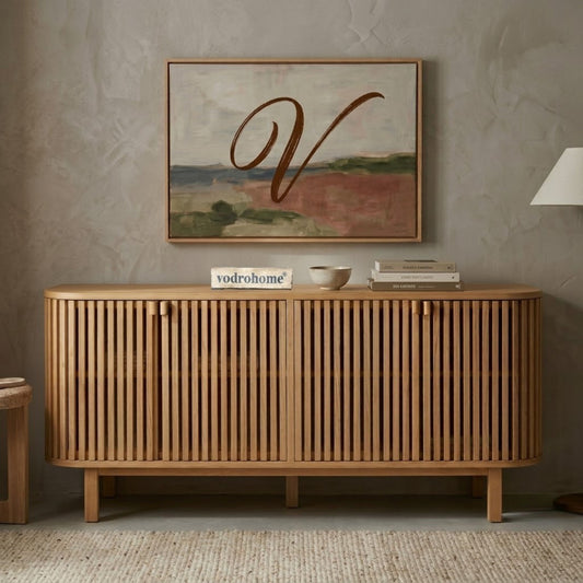 vodrohome modern tv unit cabinet natural finish – solid mango wood slatted tvc – tv consol table with set up box with storage  TV#030