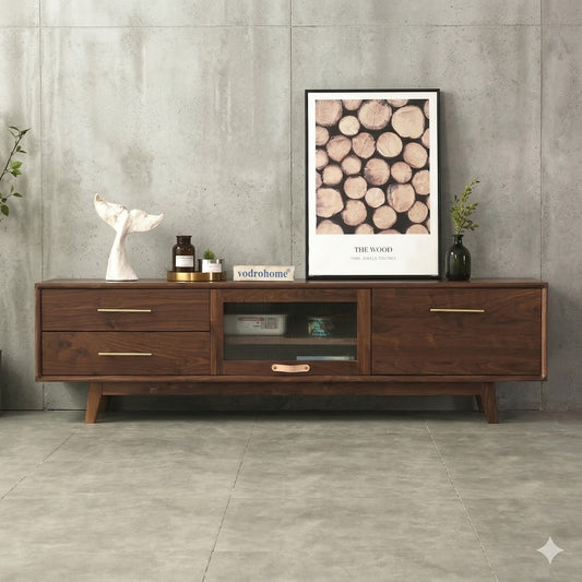 vodrohome modern tv unit cabinet walnut finish – solid acacia wood tvc with Flip-Up Doors – tv consol table with set up box shelf  TV#010
