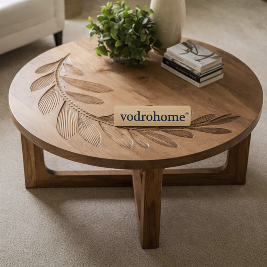 vodrohome® olive curve table - leaf carved center table showpiece bohemian style hand engraved tea table with Matte natural oak finish C#081