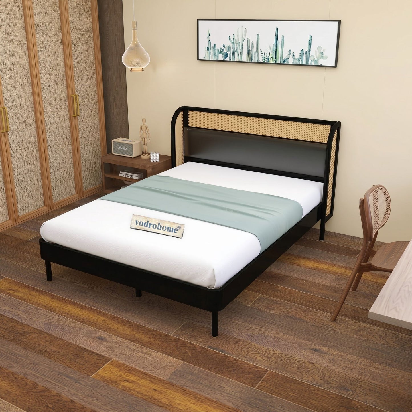 vodrohome sheesham wood vintage luxury standard rattan cane bed B#023