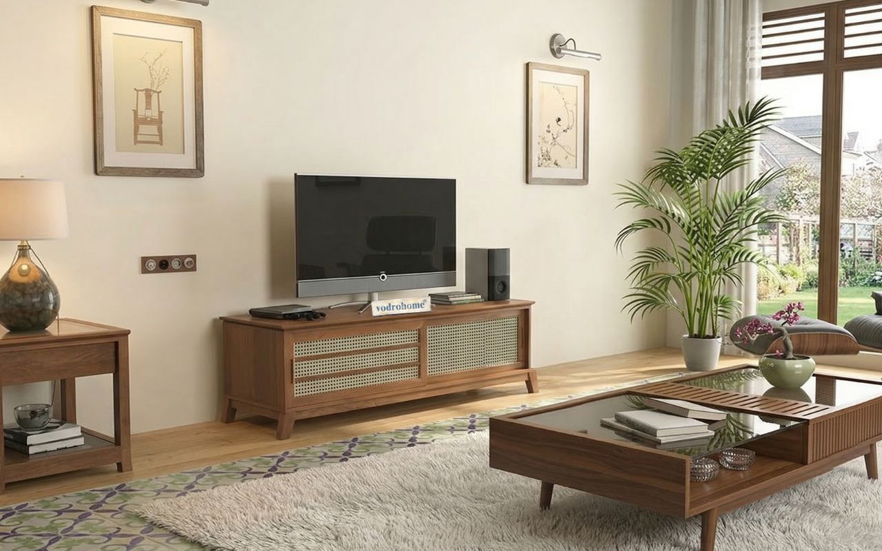 vodrohome tv unit cabinet with sliding door compartment walnut – solid mango wood tvc – tv consol table in modern style cm TV#020