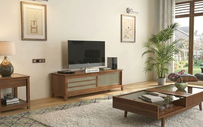 vodrohome tv unit cabinet with sliding door compartment walnut – solid mango wood tvc – tv consol table in modern style cm TV#020