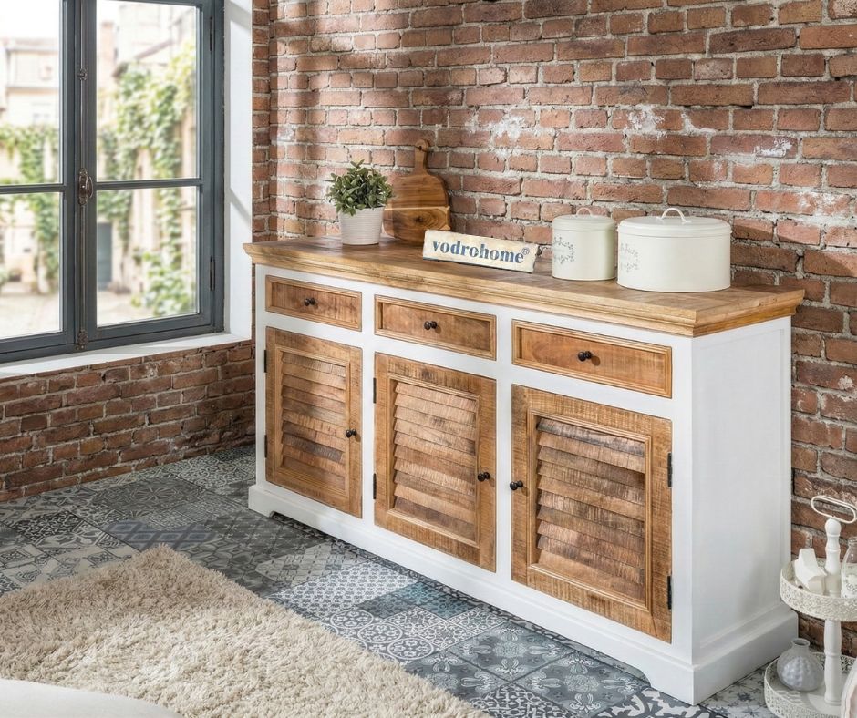 vodrohome solid mango wood side board with three drawers and 3 doors rough finish – white wave dua tone sideboard 180x40x70 cm  SB#002