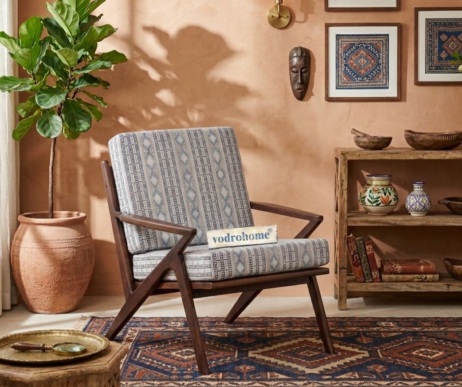 vodrohome Marwar Upholstered Arm Chair Cum Sofa Sheesham Wood Accent lounge Chair living, zed chair 69x80x82.5 CH#0018