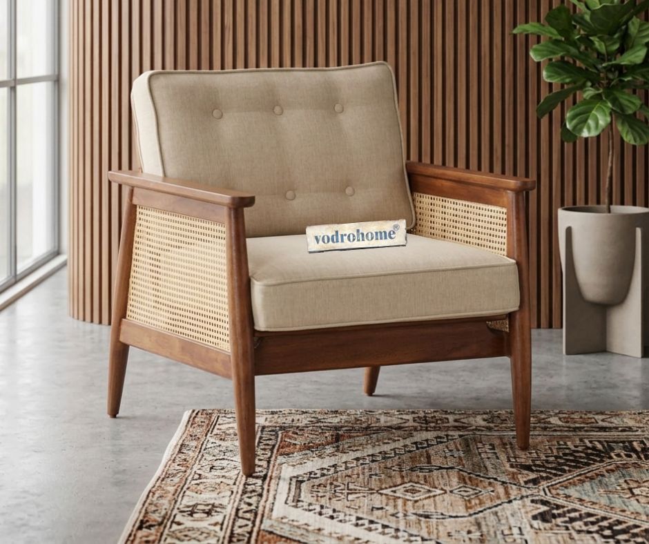 vodrohome marwar upholstered arm chair cum sofa mango wood and cane accent chair living, beige and honey lounge chair 75x80x85cm CH#0017