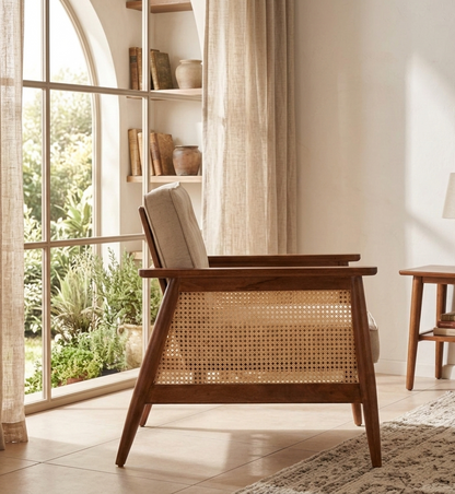 vodrohome marwar upholstered arm chair cum sofa mango wood and cane accent chair living, beige and honey lounge chair 75x80x85cm CH#0017