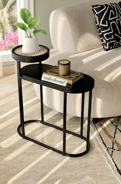 Vodrohome charcoal rattan cane side table with glass top and shelf – bohemian solid mango wood cane iron sofa side end two tier table office and living room S#046