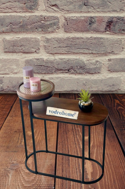 Vodrohome charcoal rattan cane side table with glass top and shelf – bohemian solid mango wood cane iron sofa side end two tier table office and living room S#046