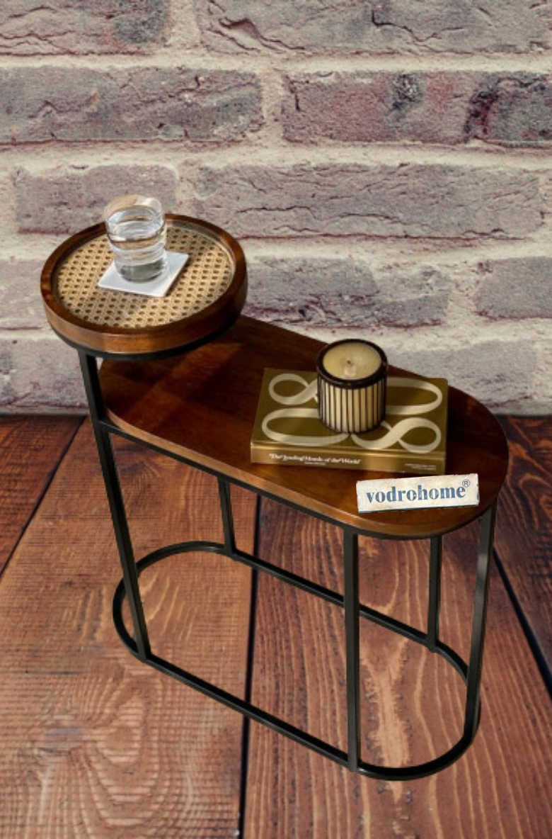 Vodrohome charcoal rattan cane side table with glass top and shelf – bohemian solid mango wood cane iron sofa side end two tier table office and living room S#046