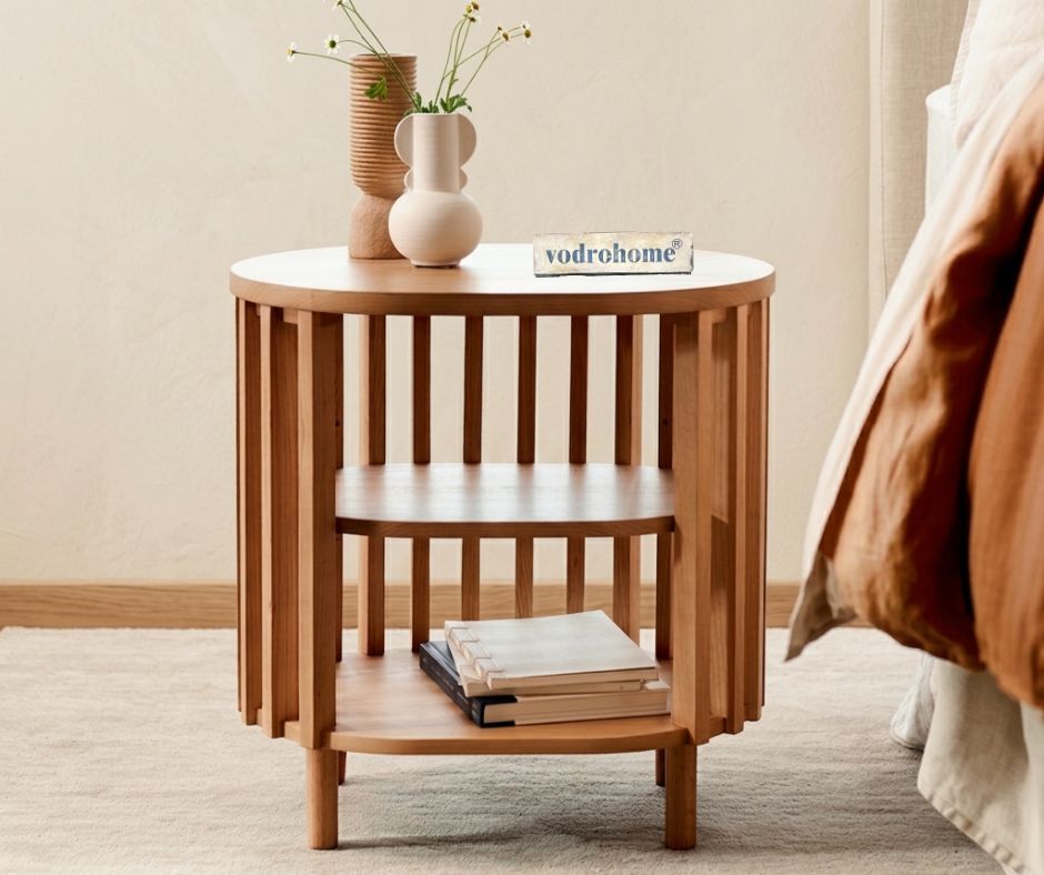 Vodrohome solid wood slatted side table with natural –bedsite with open shelf round end table  48x35x50 cm S#055