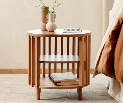 Vodrohome solid wood slatted side table with natural –bedsite with open shelf round end table  48x35x50 cm S#055