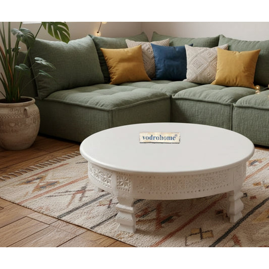 vodrohome Rajasthani Wooden Round Shape Chakki Table for Home – round coffee table in mango wood – carved round white coffee table C#044