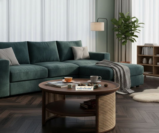 Vodrohome Rattan Coffee Table – cane center table with shelf for storage – bohemian solid mango wood coffee table for office and living room C#042