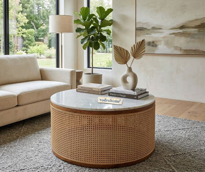 vodrohome rattan coffee table with wheels– sheesham wood marble top coffee table C#076