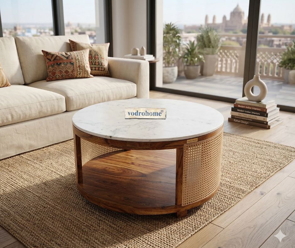 vodrohome rattan coffee table with wheels– sheesham wood marble top coffee table C#076