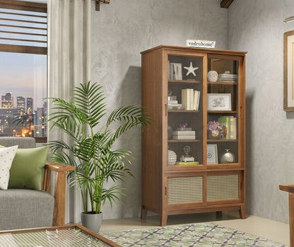 vodrohome® solid wood crockery cabinet | sliding door book shelf capacity 75 books | kitchen display unit walnut finish 88x46x149 CM Di#002