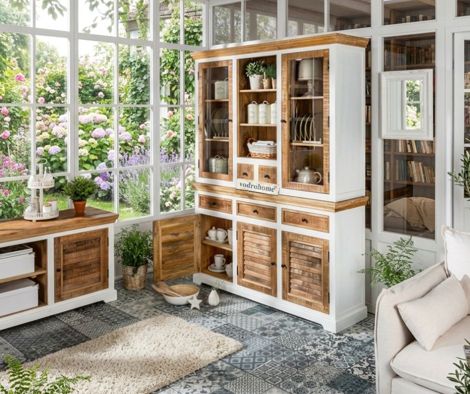 vodrohome white wave mango wood crockery cabinet | large hutch cabinet | kitchen storage furniture in dual tone –two part display unit 150x45x180 CM DU#001
