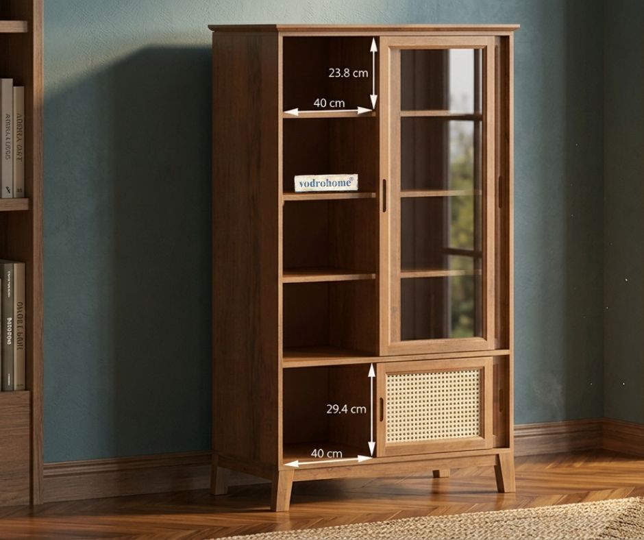 vodrohome® solid wood crockery cabinet | sliding door book shelf capacity 75 books | kitchen display unit walnut finish 88x46x149 CM Di#002