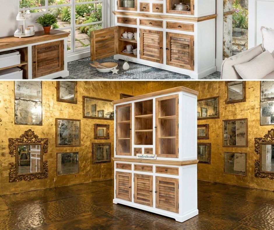 vodrohome white wave mango wood crockery cabinet | large hutch cabinet | kitchen storage furniture in dual tone –two part display unit 150x45x180 CM DU#001