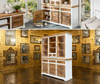 vodrohome white wave mango wood crockery cabinet | large hutch cabinet | kitchen storage furniture in dual tone –two part display unit 150x45x180 CM DU#001