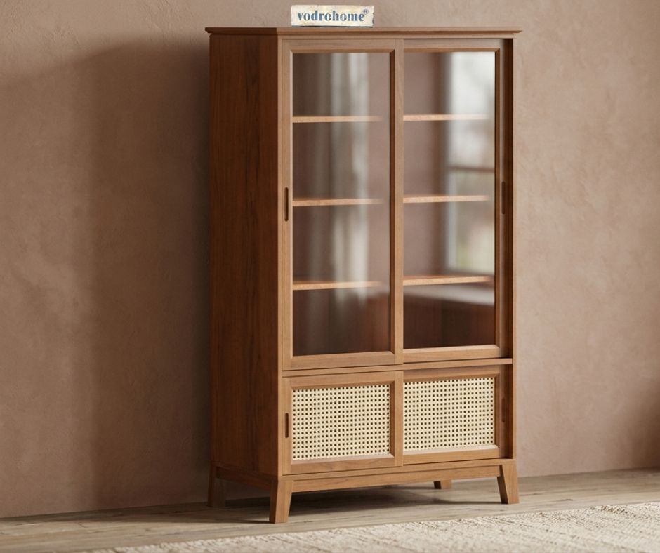 vodrohome® solid wood crockery cabinet | sliding door book shelf capacity 75 books | kitchen display unit walnut finish 88x46x149 CM Di#002