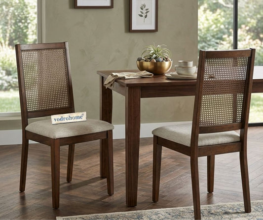 vodrohome Rustic Fabric Upholstered mango Wood and Cane Dining Chairs, Beige and Natural 48x40x91cm CH#0016