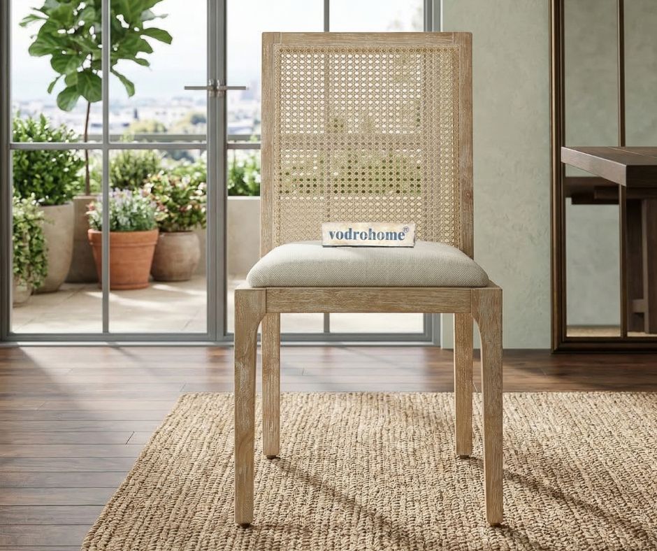 vodrohome Rustic Fabric Upholstered mango Wood and Cane Dining Chairs, Beige and Natural 48x40x91cm CH#0016