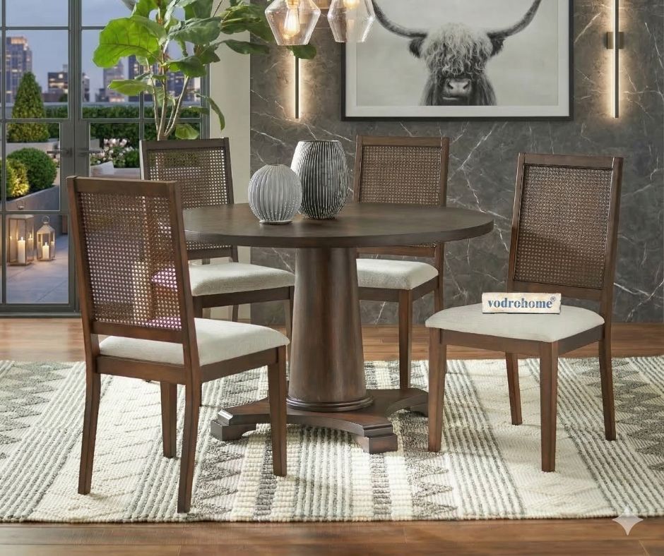 vodrohome Rustic Fabric Upholstered mango Wood and Cane Dining Chairs, Beige and Natural 48x40x91cm CH#0016