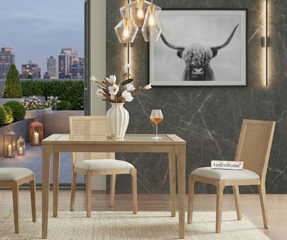 vodrohome Rustic Fabric Upholstered mango Wood and Cane Dining Chairs, Beige and Natural 48x40x91cm CH#0016