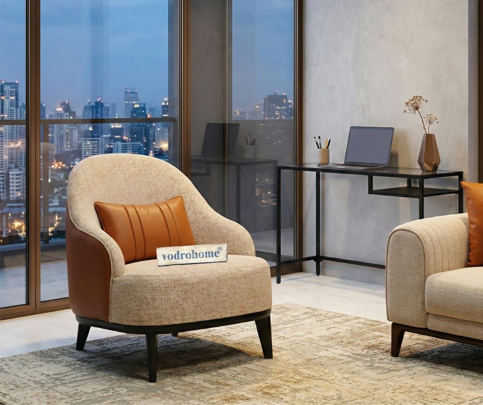 vodrohome Blair Arm Chair - Cotton Fabric Comfortable Lounge Chair with Wooden Legs – leather arm chair CH#024