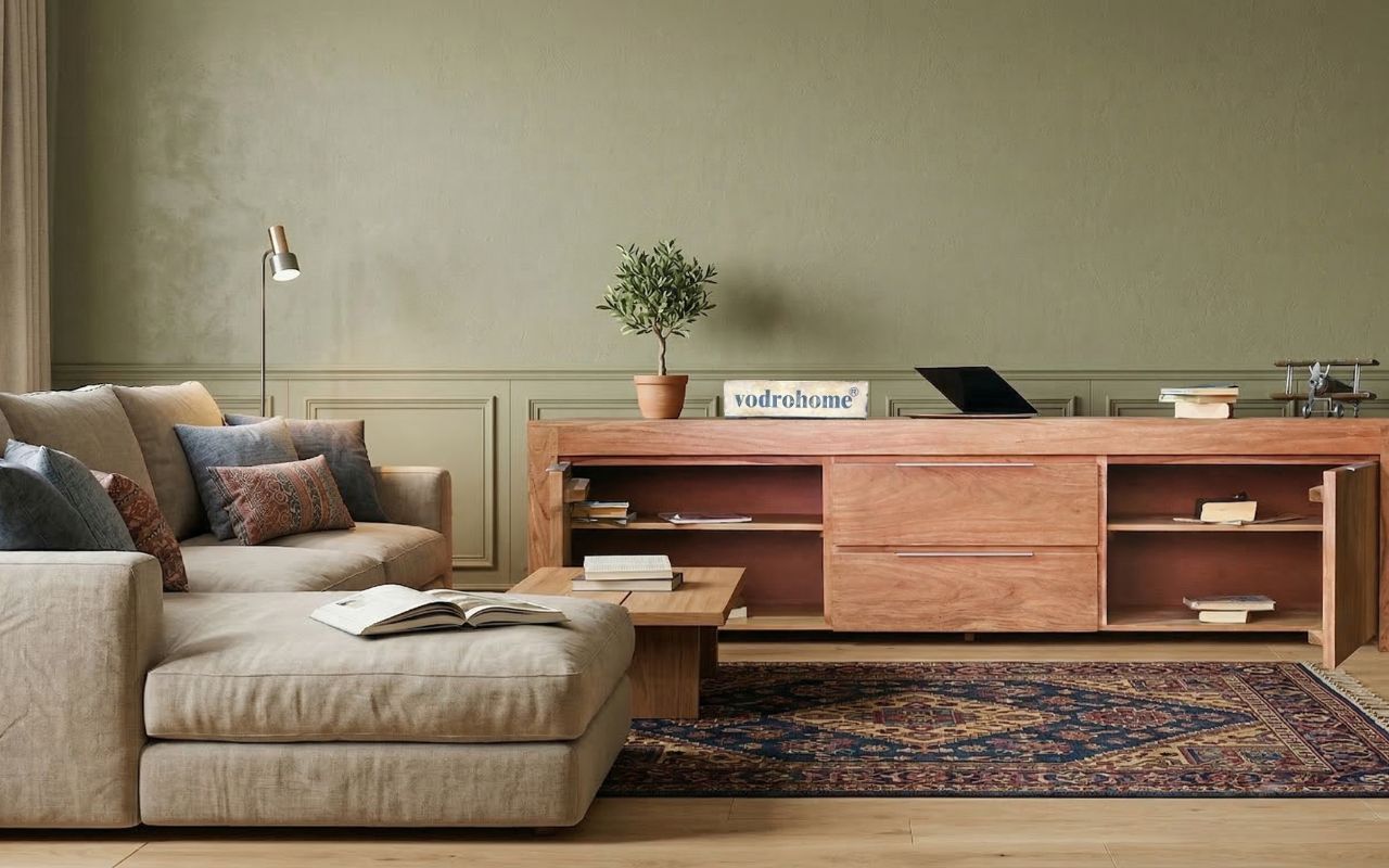 vodrohome Accacia Wood / Sheesham Wood Tv unit consol with storage - Tv Cabinet Entertainment unit 203x 50.8 x 53 TV#026