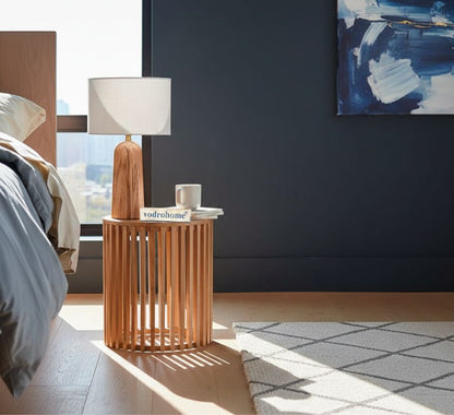 Vodrohome solid wood slatted side table with natural deco – round end table – acacia wood night stand table  40x40x45 cm S#056