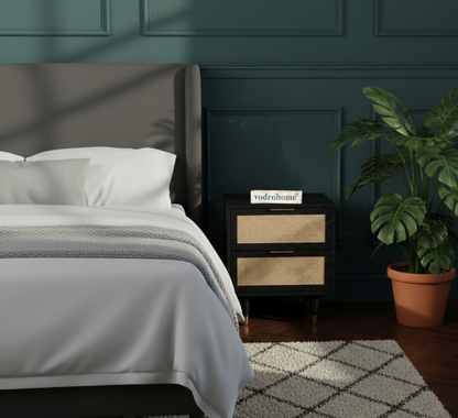 Vodrohome Solid wood rattan bedside table - two drawers bed side end table 50x43x56cm  S#006