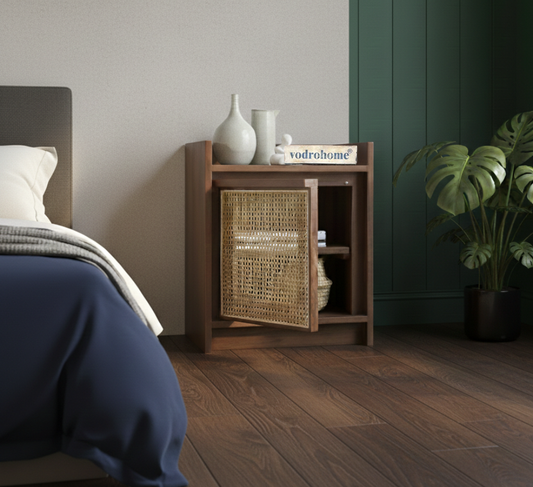 Vodrohome solid accacia wood rattan bedside table with removable Shelf – Hawamahal collection cane side table  50x40x60 cm S#003