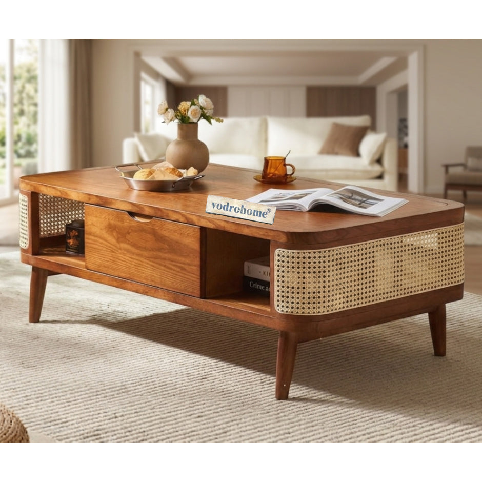 vodrohome rattan coffee table with storage drawer–cane center table with shelf for storage – bohemian solid mango wood coffee table for office and living room C#080