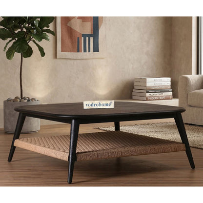 vodrohome guthai coffee table – bohemian center table with jute hand weaving shelf -  mango wood gujrati sofa set table teapoy C#039