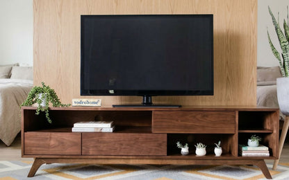 vodrohome modern tv unit cabinet with three drawer and four open compartments  – solid acacia wood tvc in honey finish 160x35x50 cm TV#005