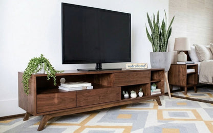 vodrohome modern tv unit cabinet with three drawer and four open compartments  – solid acacia wood tvc in honey finish 160x35x50 cm TV#005