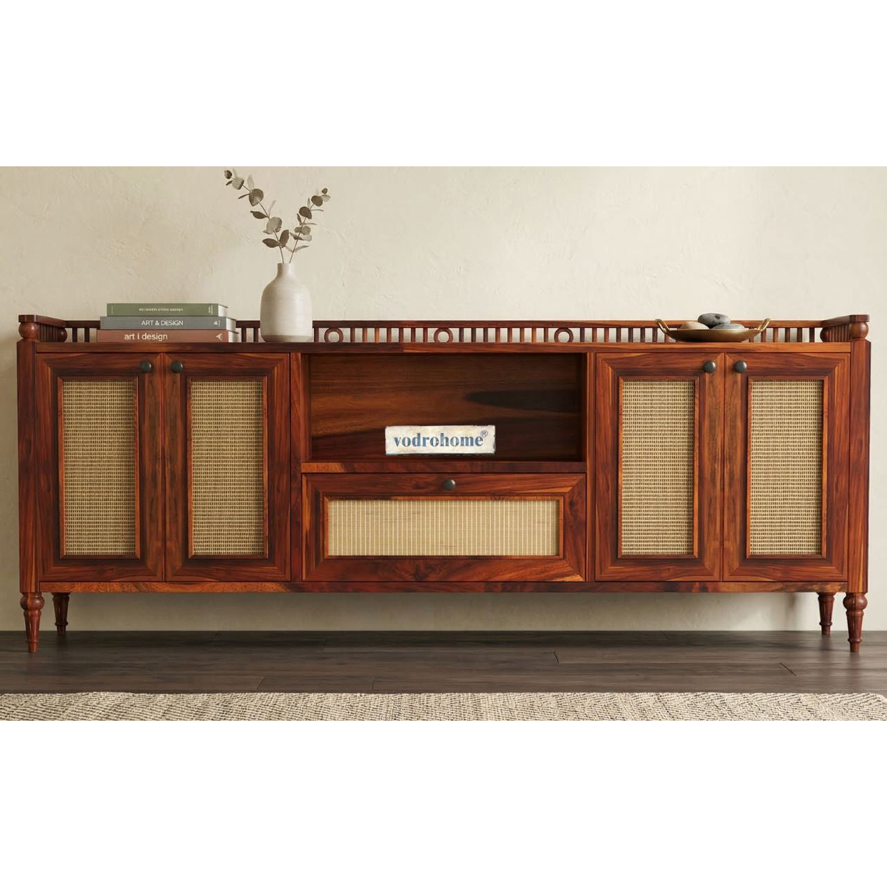 vodrohome jaipur style tv unit cabinet with slatted door multi compartments– solid sheesham wood tvc honey finish – luxurious tv consol table with set up box shelf 147 x 45 x 53 cm  TV#023