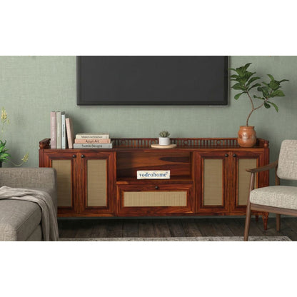 vodrohome jaipur style tv unit cabinet with slatted door multi compartments– solid sheesham wood tvc honey finish – luxurious tv consol table with set up box shelf 147 x 45 x 53 cm  TV#023
