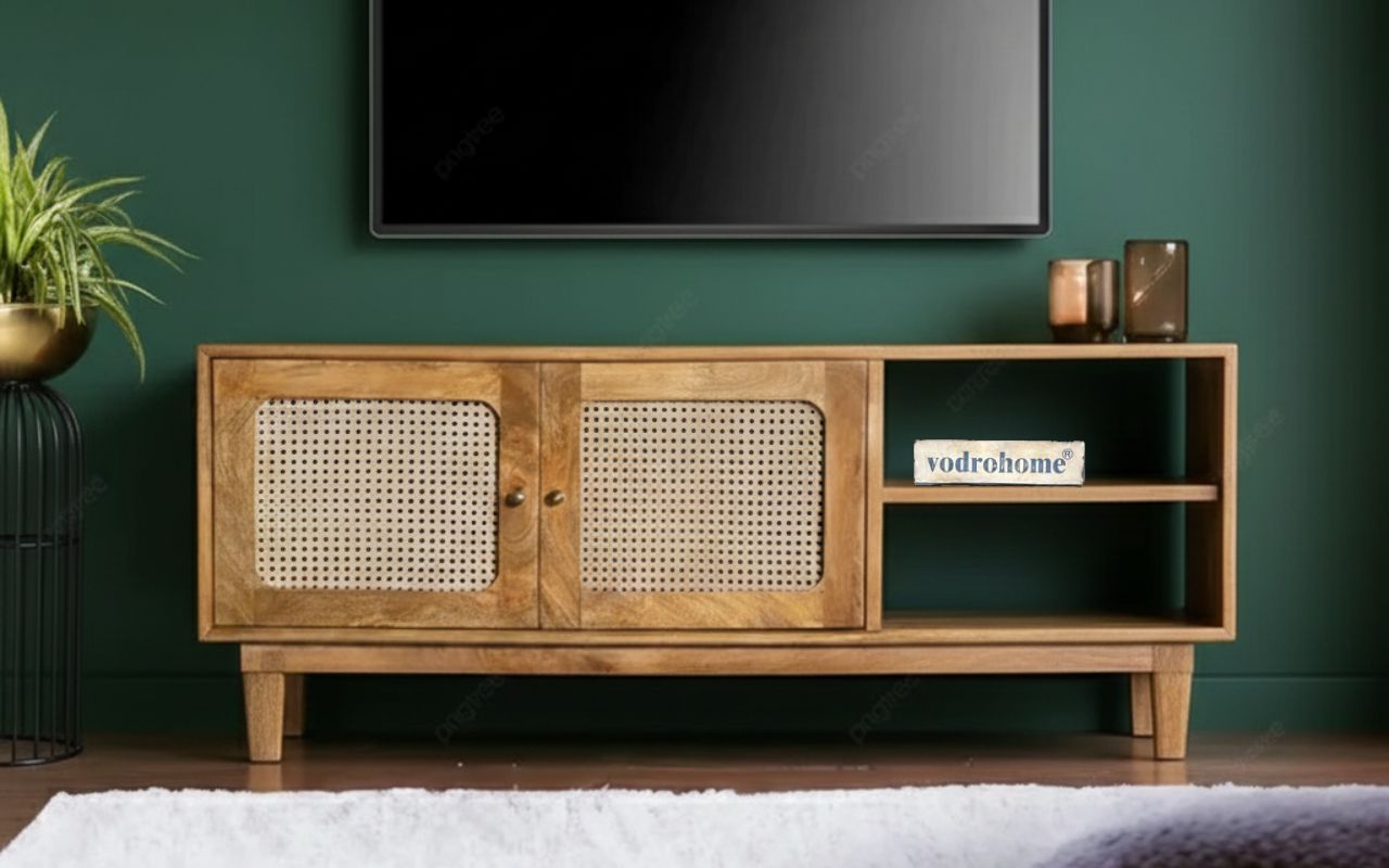 vodrohome tv unit cabinet with slatted door compartment natural – solid mango wood tvc – tv consol table with set up box shelf 120 x 35 x 52 cm  TV#016
