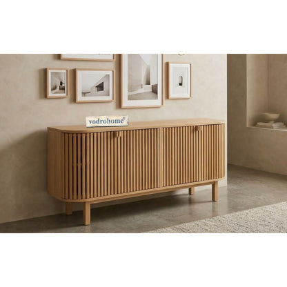 vodrohome modern tv unit cabinet natural finish – solid mango wood slatted tvc – tv consol table with set up box with storage  TV#030