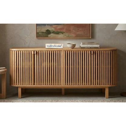 vodrohome modern tv unit cabinet natural finish – solid mango wood slatted tvc – tv consol table with set up box with storage  TV#030