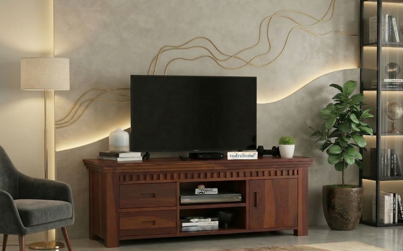 vodrohome jodhpur tv unit cabinet with slatted door compartment– solid sheesham wood tvc – tv consol table with set up box shelf 147 x 45 x 53 cm  TV#022