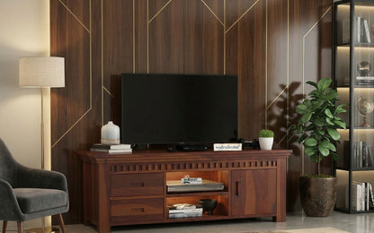 vodrohome jodhpur tv unit cabinet with slatted door compartment– solid sheesham wood tvc – tv consol table with set up box shelf 147 x 45 x 53 cm  TV#022