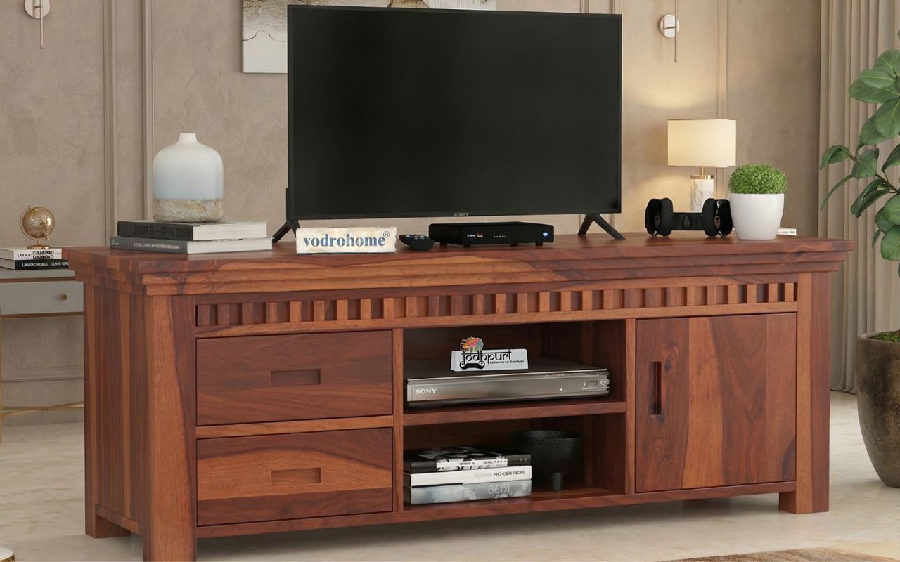 vodrohome jodhpur tv unit cabinet with slatted door compartment– solid sheesham wood tvc – tv consol table with set up box shelf 147 x 45 x 53 cm  TV#022
