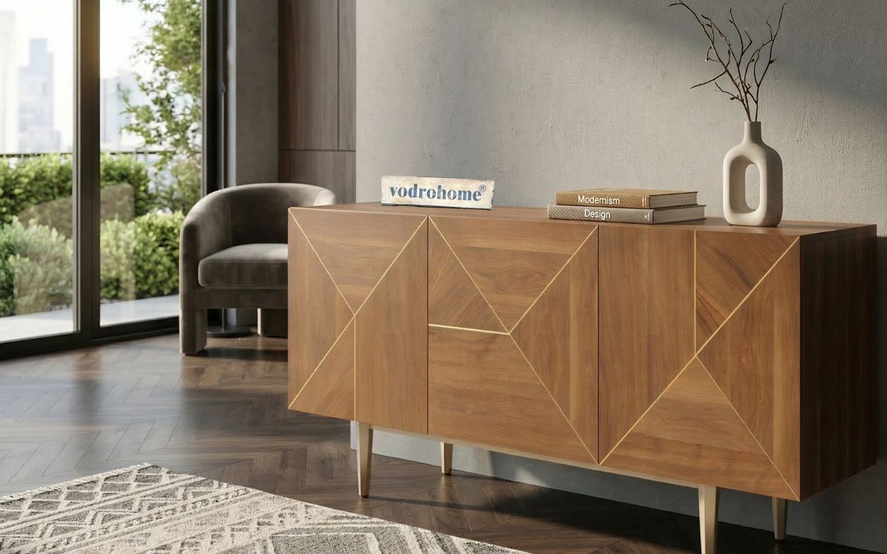 vodrohome luxury tv unit cabinet with geometrical design– solid  Acacia wood tvc with iron base – tv consol table with set up box shelf  TV#031