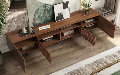 vodrohome modern tv unit cabinet with 7 compartments – solid acacia wood tvc in walnut finish – tv consol table with set up box shelf  TV#007