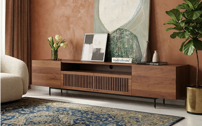 vodrohome modern tv unit cabinet with 7 compartments – solid acacia wood tvc in walnut finish – tv consol table with set up box shelf  TV#007